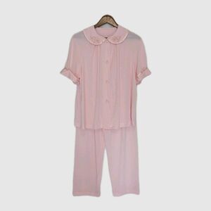 1960s Gossard Artemis Pink Nylon Tricot Pajama Set Vintage Emb Collar B50 L